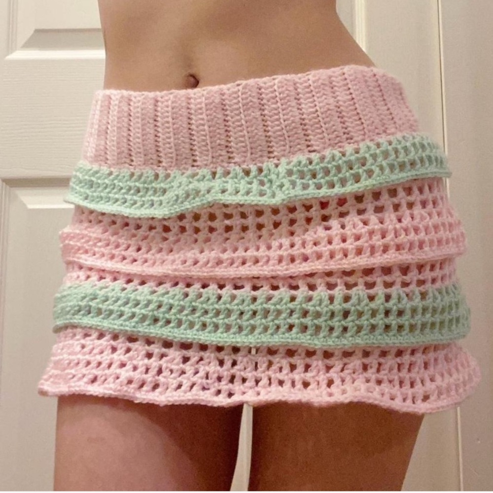 Handmade Pink and Green Crochet Mini Skirt